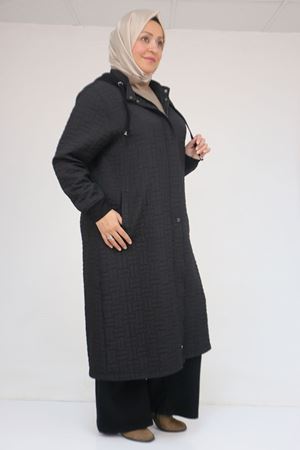 53043 Büyük Beden Yakalı Modal-Kapitone Kap - Siyah