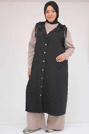 54008 Büyük Beden Zincir Kordonlu Modal-Kapitone Yelek - Siyah