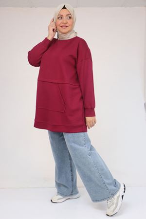 58133 Büyük Beden Kanguru Cepli Modal Tunik - Bordo
