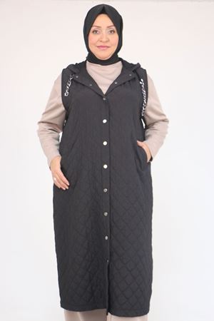 54008 Büyük Beden Zincir Kordonlu Modal-Kapitone Yelek - Siyah