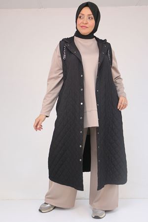 54008 Büyük Beden Zincir Kordonlu Modal-Kapitone Yelek - Siyah