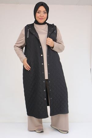 54008 Büyük Beden Zincir Kordonlu Modal-Kapitone Yelek - Siyah