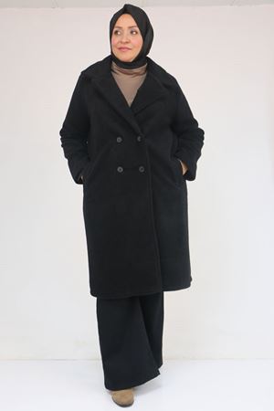33059 Büyük Beden Düğme Detaylı Keçe Kaban  -  Siyah
