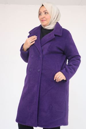 33059 Büyük Beden Düğme Detaylı Keçe Kaban  -  Mor