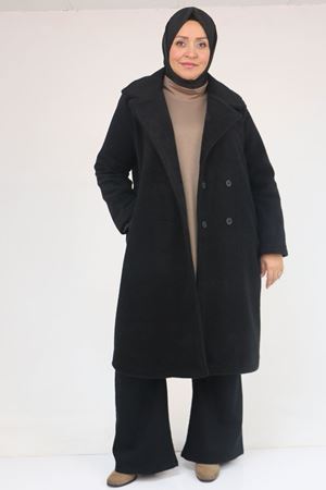 33059 Büyük Beden Düğme Detaylı Keçe Kaban  -  Siyah