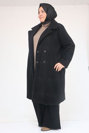 33059 Büyük Beden Düğme Detaylı Keçe Kaban  -  Siyah