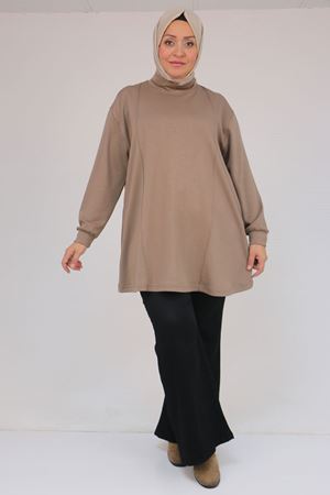 58134 Büyük Beden Boğazlı Yaka Modal Tunik - Taba