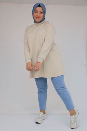 58134 Büyük Beden Boğazlı Yaka Modal Tunik - Bej