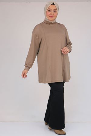 58134 Büyük Beden Boğazlı Yaka Modal Tunik - Taba
