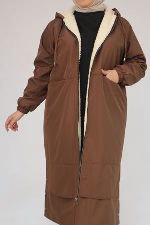 43062 Büyük Beden Kolları Lastikli Kapşonlu Bondit Kap - Kahve