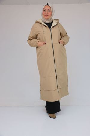 43062 Büyük Beden Kolları Lastikli Kapşonlu Bondit Kap - Bej