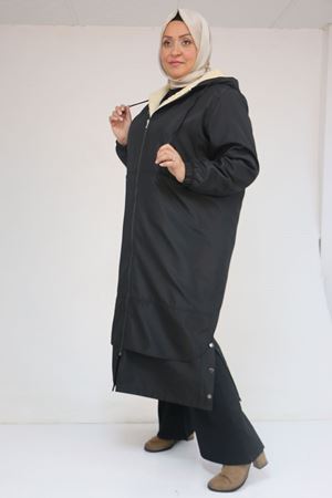 43062 Büyük Beden Kolları Lastikli Kapşonlu Bondit Kap - Siyah