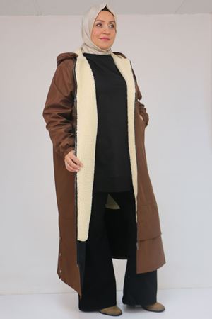 43062 Büyük Beden Kolları Lastikli Kapşonlu Bondit Kap - Kahve