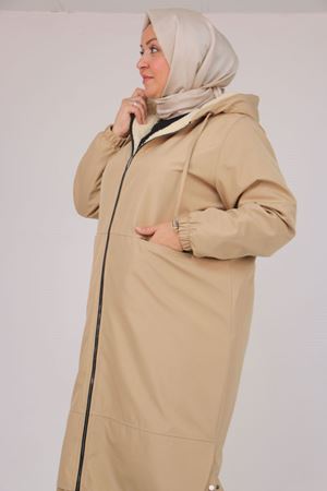 43062 Büyük Beden Kolları Lastikli Kapşonlu Bondit Kap - Bej