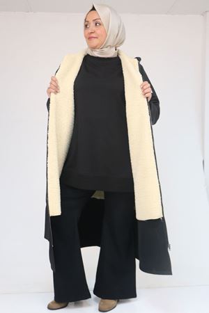 43062 Büyük Beden Kolları Lastikli Kapşonlu Bondit Kap - Siyah