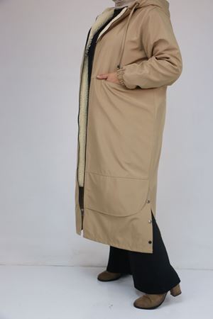 43062 Büyük Beden Kolları Lastikli Kapşonlu Bondit Kap - Bej