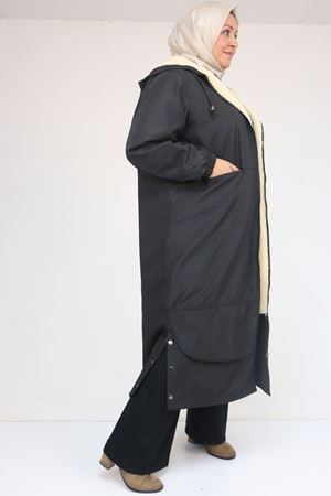 43062 Büyük Beden Kolları Lastikli Kapşonlu Bondit Kap - Siyah