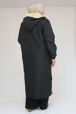 43062 Büyük Beden Kolları Lastikli Kapşonlu Bondit Kap - Siyah