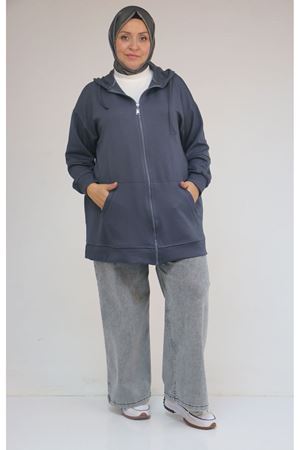 53057  Büyük Beden  Kapüşonlu Fermuarlı Modal Ceket - Antrasit