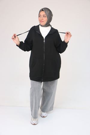 53057  Büyük Beden  Kapüşonlu Fermuarlı Modal Ceket - Siyah