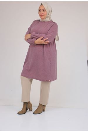 58155 Büyük Beden Kolları Lastikli Perçinli Mir Tunik - Gül Kurusu
