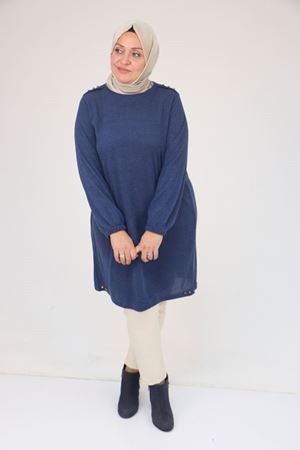 58155 Büyük Beden Kolları Lastikli Perçinli Mir Tunik - İndigo