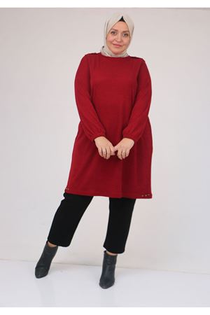 58155 Büyük Beden Kolları Lastikli Perçinli Mir Tunik - Bordo