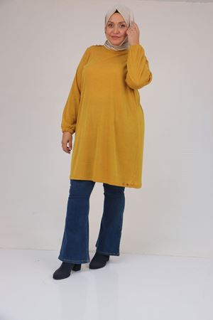 58155 Büyük Beden Kolları Lastikli Perçinli Mir Tunik - Hardal