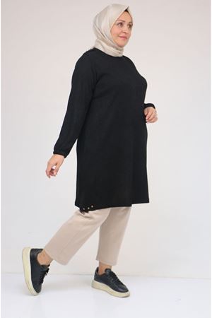58155 Büyük Beden Kolları Lastikli Perçinli Mir Tunik - Siyah