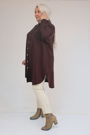 58169 Büyük Beden Hakim Yaka Çıtçıtlı Modal Tunik - Kahve