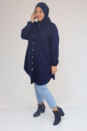 58169 Büyük Beden Hakim Yaka Çıtçıtlı Modal Tunik - İndigo