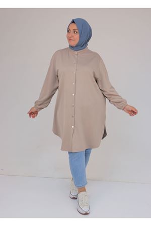 58169 Büyük Beden Hakim Yaka Çıtçıtlı Modal Tunik - Bej