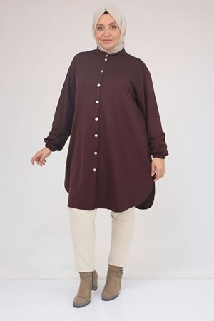 58169 Büyük Beden Hakim Yaka Çıtçıtlı Modal Tunik - Kahve