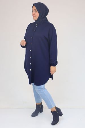 58169 Büyük Beden Hakim Yaka Çıtçıtlı Modal Tunik - İndigo