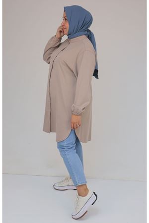 58169 Büyük Beden Hakim Yaka Çıtçıtlı Modal Tunik - Bej