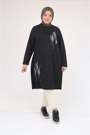 58167 Büyük Beden Taş Baskı Detaylı Modal Tunik - Siyah