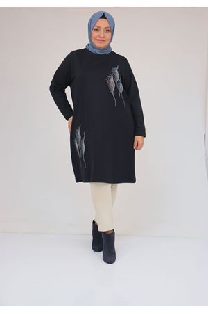 58167 Büyük Beden Taş Baskı Detaylı Modal Tunik - Lacivert