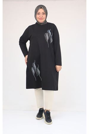 58167 Büyük Beden Taş Baskı Detaylı Modal Tunik - Siyah