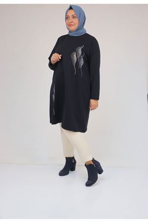 58167 Büyük Beden Taş Baskı Detaylı Modal Tunik - Lacivert