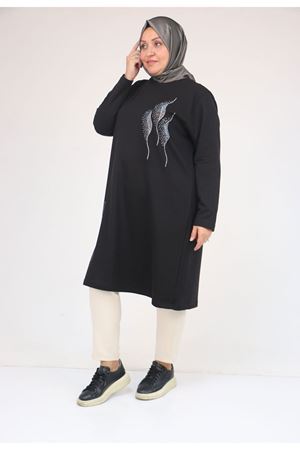 58167 Büyük Beden Taş Baskı Detaylı Modal Tunik - Siyah