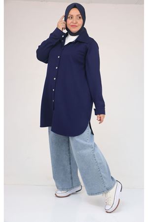 58168 Büyük Beden Erkek Yakalı Çıtçıtlı Modal Tunik - İndigo