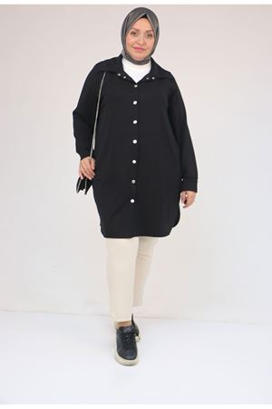 58168 Büyük Beden Erkek Yakalı Çıtçıtlı Modal Tunik - Siyah