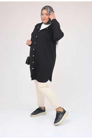 58168 Büyük Beden Erkek Yakalı Çıtçıtlı Modal Tunik - Siyah