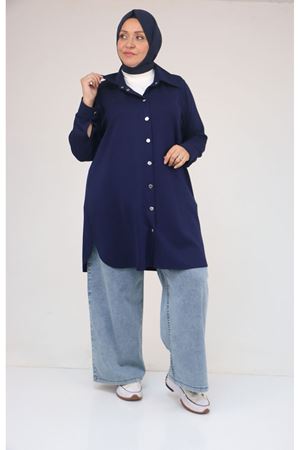 58168 Büyük Beden Erkek Yakalı Çıtçıtlı Modal Tunik - İndigo