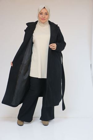 53049 Büyük Beden Keçe Kalın Manşetli Kaban - Siyah