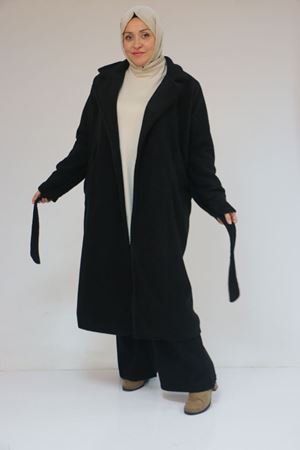 53049 Büyük Beden Keçe Kalın Manşetli Kaban - Siyah