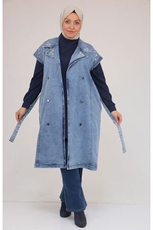 44010 Büyük Beden Yaka Ve Omzu Taş Detaylı Kot Yelek - Mavi