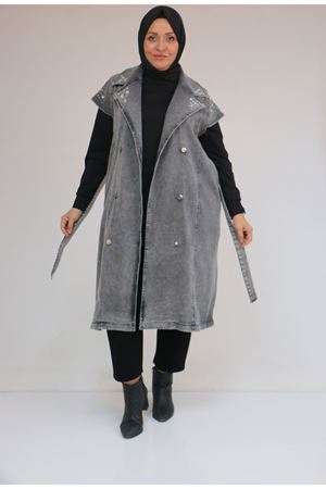 44010 Büyük Beden Yaka Ve Omzu Taş Detaylı Kot Yelek - Siyah