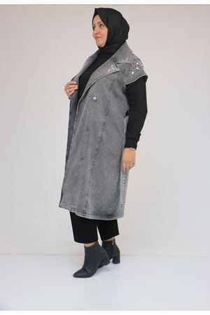 44010 Büyük Beden Yaka Ve Omzu Taş Detaylı Kot Yelek - Siyah