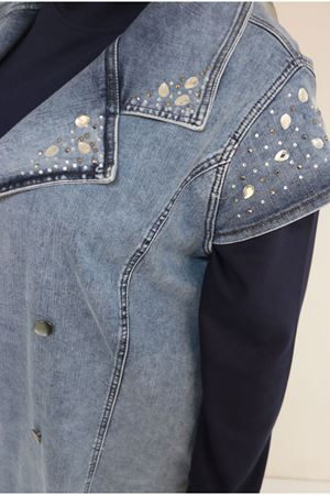 44010 Büyük Beden Yaka Ve Omzu Taş Detaylı Kot Yelek - Mavi